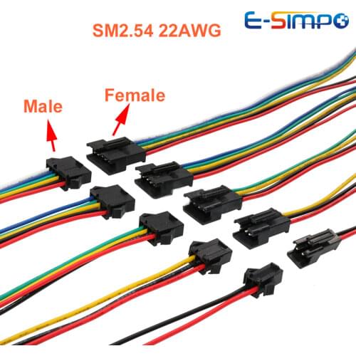 5Pairs JST SM Connector 22AWG 2.54mm 2P 3P 4P 5Pin Male+Female Wire Connector 15cm Long