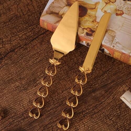 2Pcs/Set Cake Cutter Rust-proof Multi-purpose Heart Shape Handle Golden Wedding Cake Knife Server Set for Party Cooking Baking