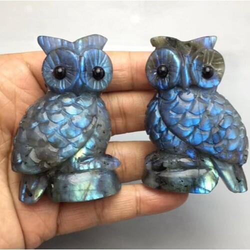 70-80mm Natural Blue Flash Labradorite Owl Figurine Carved Quartz Owl Figurine Healing Reiki Crystal Crafts Home Decoration Gift