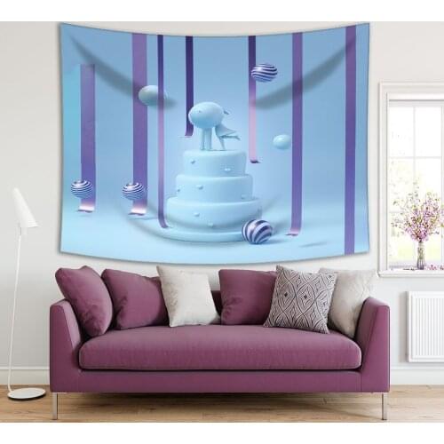 Tapestry Couple Doll on Top of the Cake with Ribbon and Decorating Ball Ornaments Celebration Theme Art Blue Purple