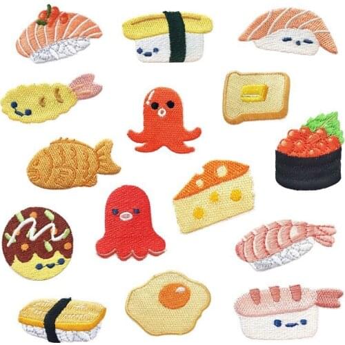 Sushi Salmon Poached Egg Patch for Clothing Iron on Embroidery Applique Cute Fabric Badge DIY Phone Case Apparel Accessories