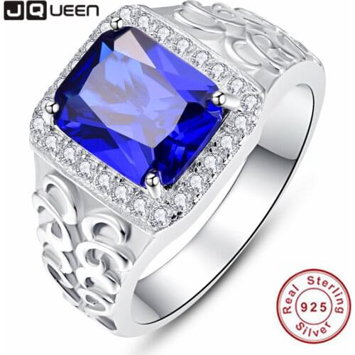 JQUEEN 925 Sterling Silver Square Royal Blue Cubic Zirconia Embossed Mens Ring Created Sapphire White Zircon Hollow Ring