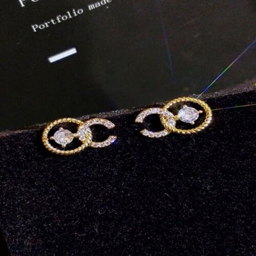 Korean Gold Color Sparkling Crystal Rhinestone Circle with English Letter C Stud Earrings for Women Girl Prevent Allergy Jewelry