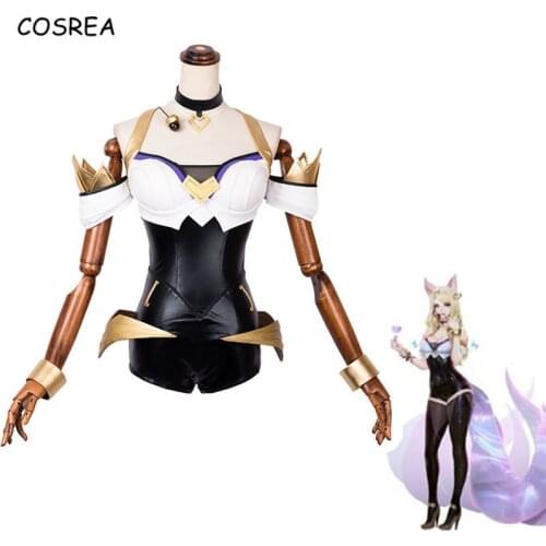 Game LOL KDA Ahri Cosplay Costume Catsuit Ladies Bodysuits Jumpsuits Outfit Full Set PU Synthetic Wigs Hair Women Girls Clothes