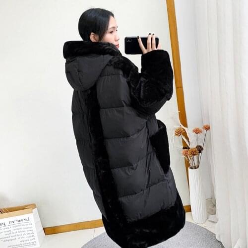 2021 Winter New Hooded Glossy Down Jacket Womens Lamb wool stitching Black Long Outwear White duck down Coat Thick Warm Parkas