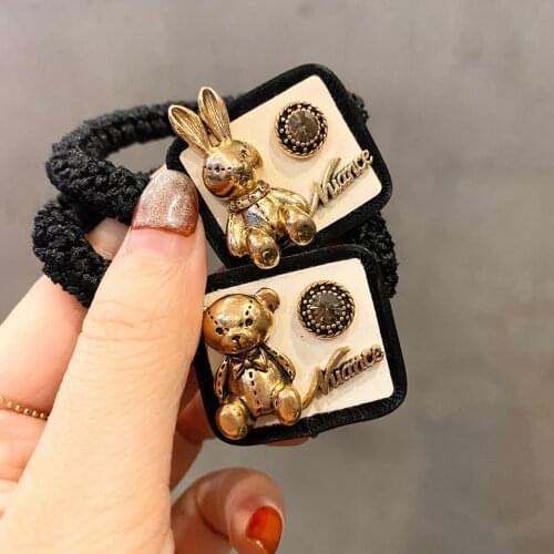 Metal Bear Rabbit Elastic Hair Bands Thick Rubber Bands Lovely Rhinestone Bear PU Leather Headdress Hair Accessories Wholesale