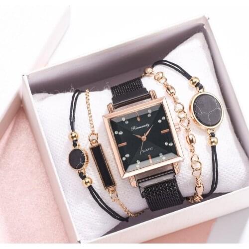 New Style 5pcs Women Watch Set Magnet Rhinestone Square Watch Ladies Dress Quartz Wristwatch Bracelet black Clock relogio
