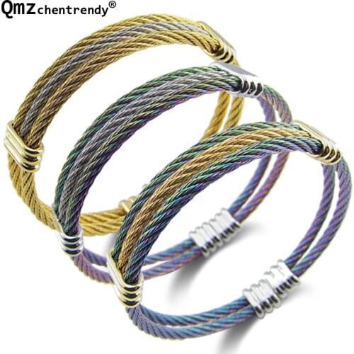 Top Spring line Stainless Steel Rainbow Colors Bracelet Three Twisted Lines Wire Cable Bangle bracelet For men women Adjustable