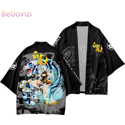 Tiger Cartoon Japanese Style Sets Fashion Kimono Plus Size Beach Harajuku Men Women Cardigan Haori Obi Asian Clothes Pant Suit