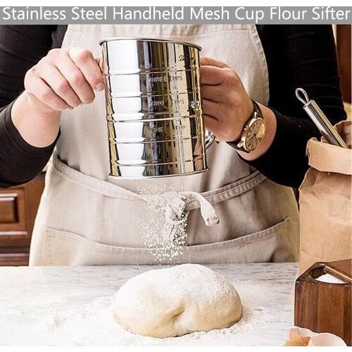 Stainless Steel Handheld Mesh Cup Flour Sifter Mechanical Baking Icing Sugar Shaker Sieve Cup Shape Bakeware Baking Pastry Tools