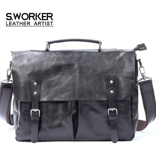 S.WORKER Fashion Genuine Leather Shoulder Bag Mens Casual Messenger Bag Cross Body Bag Soft Cowhide Leather Shoulder Bag