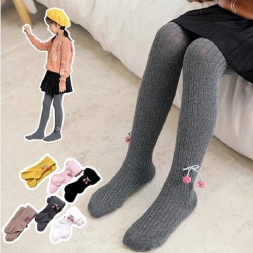 2019 Korea Japan Style Girls Knitting Pants Close-fitting Tights Baby Toddler Cute Cherry Pantyhose Kids Dancing Leggings