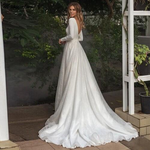 Magic Awn Elegant Lace Satin Wedding Dresses 2021 Long Sleeves Appliques Illusion Boho Country Wedding Party Dress Robe Mariage