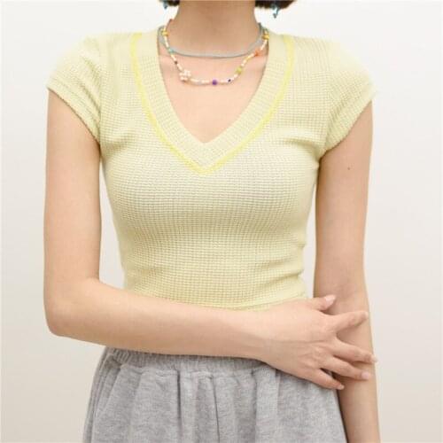 Women V Neck Waffle Slim Fitted Crop T-shirt With Cap Sleeve A182
