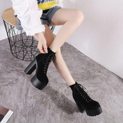 2020 Spring Fashion Motorcycle Boots Women Platform Heels Casual Shoes Lacing Round Toe Shoes Ladies Autumn Boots Black