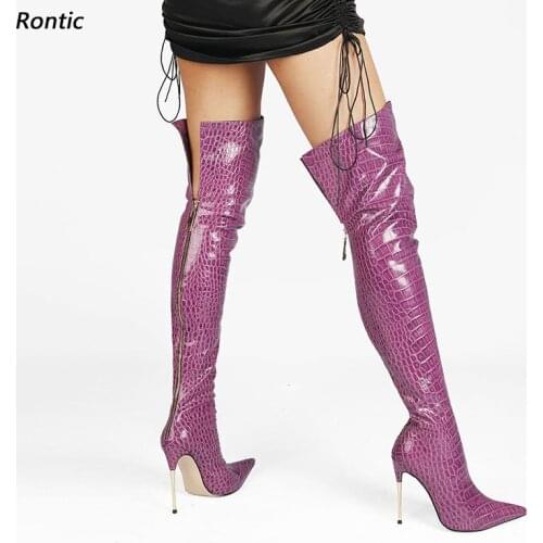 Rontic Women Winter Over Knee Boots Back Zipper Stone Thin Metal Heel Pointed Toe Purple Yellow Red Party Unisex Shoes Size 5-15