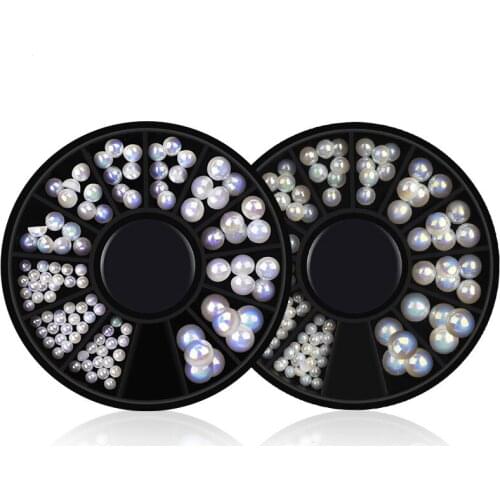1 Box Flatback 3D Nail Art Decoration White Peal Beads in Wheel Mixed Size AB Rhinestones Manicure Decor DIY Nail Accessories