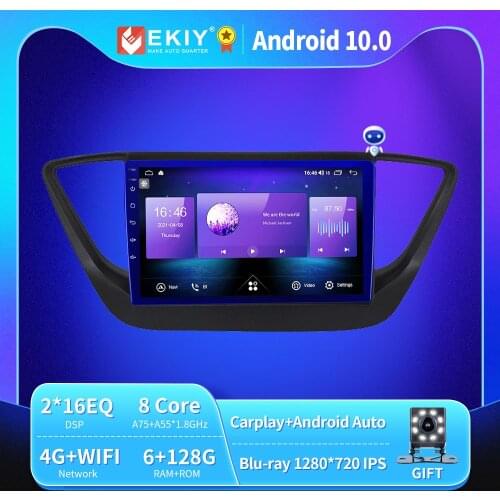 EKIY Autoradio For Hyundai Solaris 2 Verna 2017-2020 Android 10 Car Radio Blu-ray 1280*720 IPS/QLED Multimedia Player Navi GPS