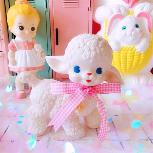 Pink Ribbon Bow Decor Rubber Sheep Toy Cute Classic Girly Sweet Heart Lamb Decor Doll toys for Girls Bedroom Desk Gift for Kids