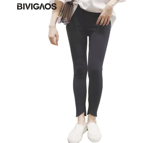 BIVIGAOS Spring New Korean Irregular Ankle Burrs Black Pants Leggings Elastic Slim Pencil Pants Trousers For Women Legging