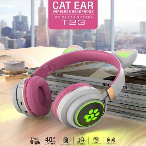 T23 LED Cute Cat Ears Headphones Bluetooth 5.0 Wireless Headset With Mic Stereo Music Earbud Music Gaming Earphone For Kids