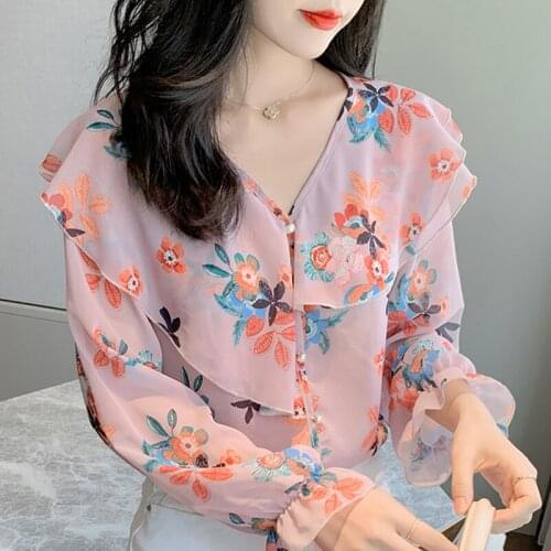 Blouse Women 2021 Blusas Mujer Ruffles V-neck Print Chiffon Blouse Shirt Women Blouses Long Sleeve Women Shirts Tops Blusa D405