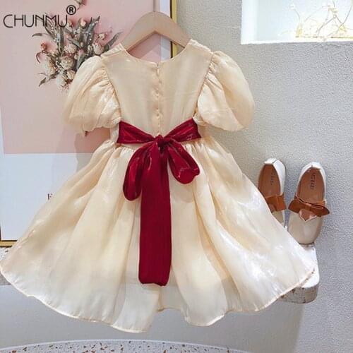 Kids Toddler Girl Dresses Summer Short Sleeve O-neck Bow Solid Children Birthday Party Dress Vestidos Baby Girls Clothing