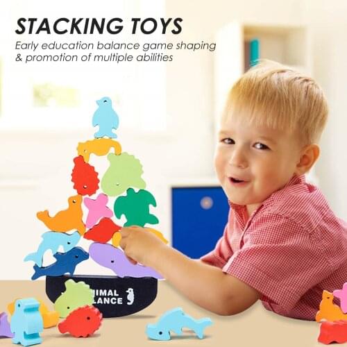 Wooden Animal Children Montessori Balance Blocks Board Games Toy Dinosaur Educational Stacking High Building Block Wood Toy Boys