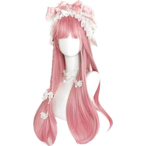 Long Pink Lolita Wigs Straight Woman Hair Cute Cosplay Wig Harajuku Japanese Halloween Heat Resistant Synthetic Hair+ Wig Cap