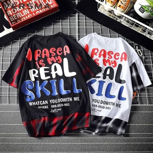 VERSMA Summer Korean Harajuku Fake Two Piece Plaid Patchwork T-shirt Men Hip Hop Streetwear Vintage Boys Tshirt Men Dropshipping