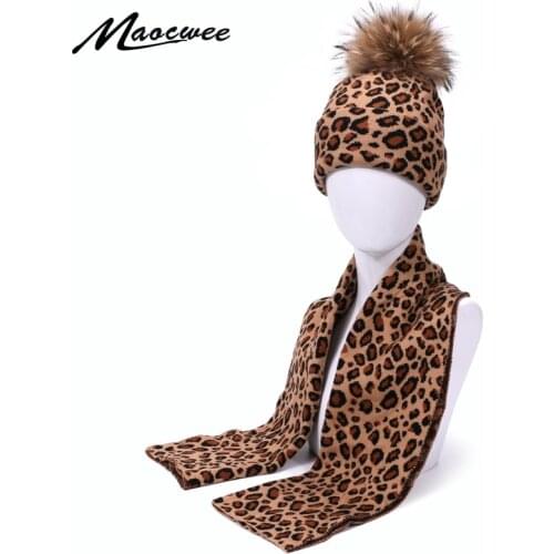 Fashion Leopard Print Beanie Hat And Scarf Set Autumn Winter Double Beanies Hats For Women Elasticity Warm Scarves Pom Pom Hat