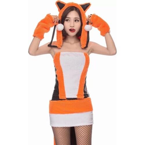 Adult Women Sexy Fox Costume Kigurumi Dress Cosplay Fancy Animal Faux Fur Fleece Tail Horn Hat Romper Porn Games Outfit For Girl