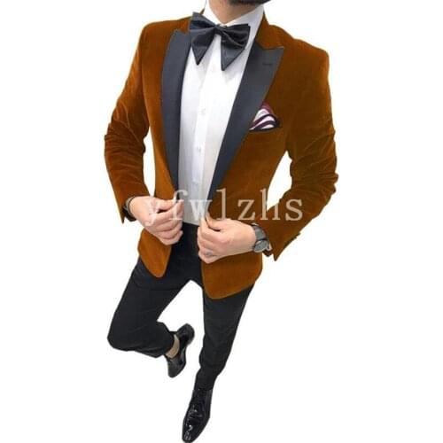 Handsome Velveteen Groomsmen Peak Lapel Groom Tuxedos Mens Wedding Dress Man Blazer Prom Dinner (Jacket+Pants+Tie) A152