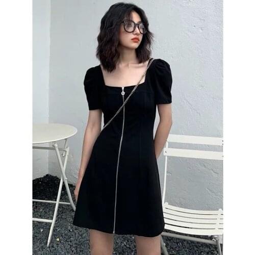 Summer Zipper High Waist Slim Short Sleeve A-line Simple Solid Color Black Women Temperament Fashion Holiday Coctail Dress 9945