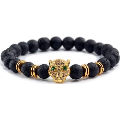 Hot CZ Pave Leopard Head Bracelets Charm Natural Lava Rock Stone Beaded Bracelet for Men Women Yoga Jewelry Pulseras Hombre