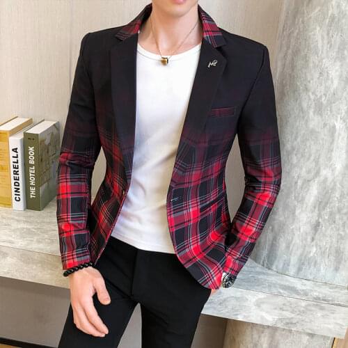 2021 Autumn Fashion Casual Men Blazers Gradient Plaid Slim Fit Long Sleeve Wedding Suit Jacket Street Wear Social Costume Homme