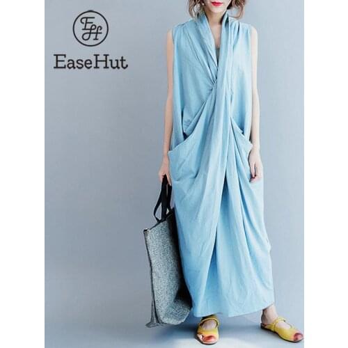 EaseHut Sleeveless Cross Maxi Long Dress Robe Blue Black Casual Pockets Baggy Cotton Vestidos 4XL 5XL Plus Size Dresses Woman