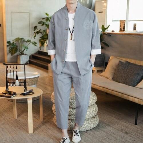 Plus Size 5XL 4XL Traditional Chinese Style Tracksuit Men Casual 3/4 Sleeve Shirt + Ankle Pants Two Piece Set Man Clothing