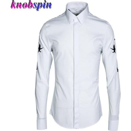 Brand business male Dress Shirt Long sleeve Slim Casual Chemise homme Turn-down collar Solid Cotton Shirts men Birds Embroidery