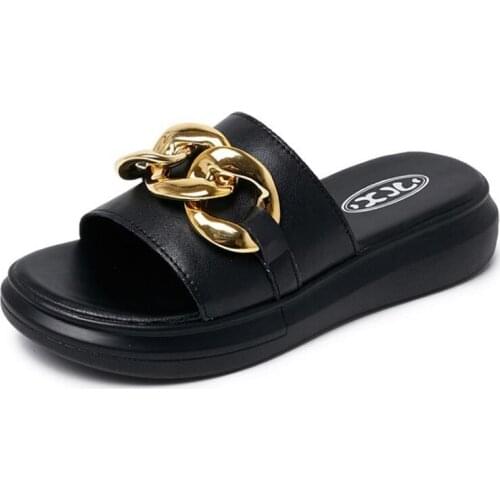 Summer Shoes Women Genuine Leather Slippers Ladies Sandals Gold Chain Women Slides Open Toe Flat Platform Shoes Beach Flip Flops