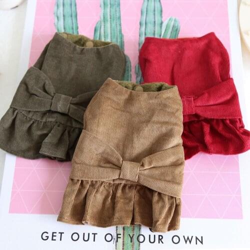 Bow Corduroy Pet Dog Clothes Winter Warm Jacket Coat Cat Dress Bow Dog Tutu Dress Pet Dress Clothing Chihuahua Teddy Small