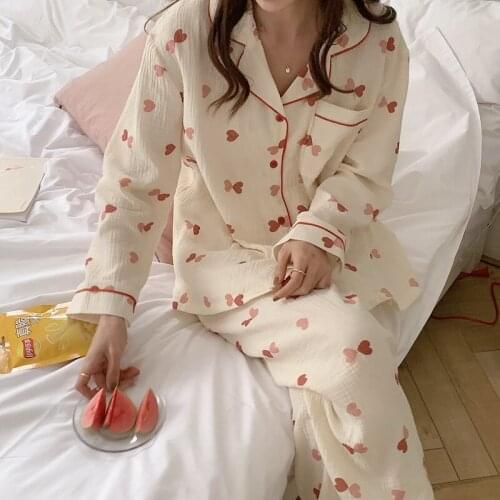 Spring autumn sleepwear women pajama set soft breathable gauze cotton loungewear long sleeve blouse pants trousers homewear Y364