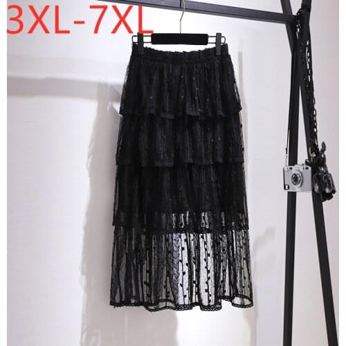 New 2021 Ladies Summer Plus Size Midi Skirt For Women Large Loose A-line Black Ruffle Lace Pleated Skirts 3XL 4XL 5XL 6XL 7XL