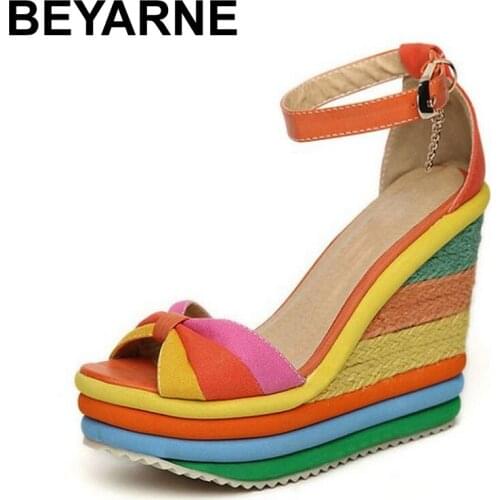 BEYARNE New Summer Sexy Bohemia Rainbow Peep Toe Platform Sandals For Womens Ladies Blue Denim Wedges Sandal Femme Small Size 4