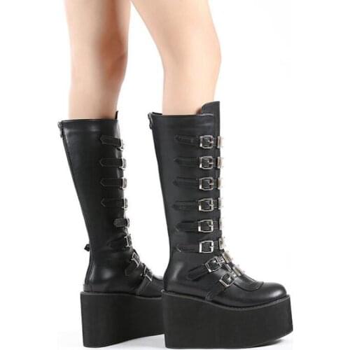 Brand Design Big Size 43 Black Gothic Style Cool Punk Motorcycles Boots Female Platform Wedges High Heels Calf Boots Women Shoes