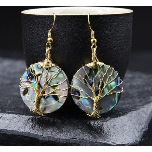 Natural Abalone Shell Handmade Gold Wire Wrapped Hook Earrings Fashion Rainbow Color Tree of Life Women Earring 5pcs/lot