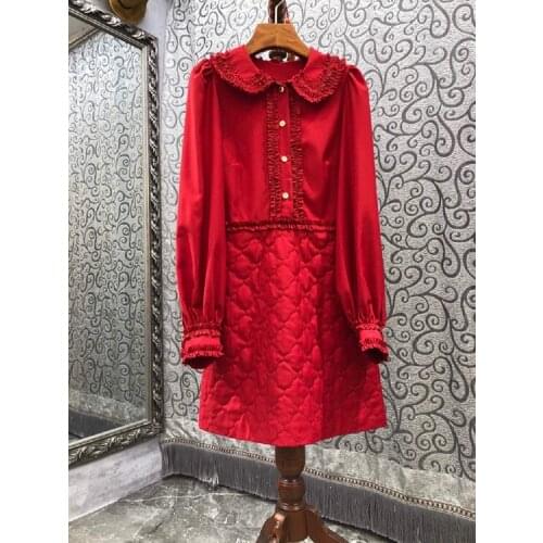 Top Quality New 2021 Autumn Winter Dress Women Turn-down Collar Pleated Ruffle Patchwork Long Sleeve Grey Red Wool Blend Dress