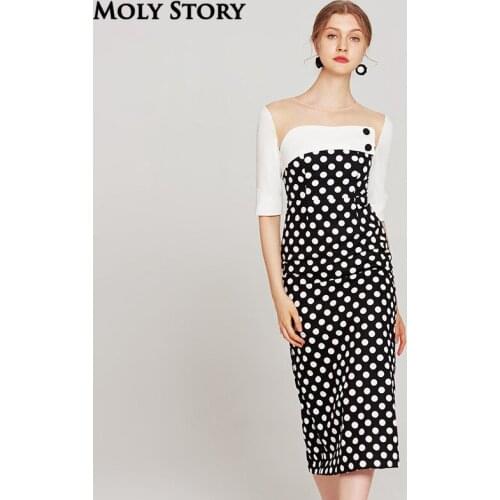 Elegant Ladies Vintage Polka Dot Maxi Dress Women Formal Long Business Work Dresses Sexy Off Shoulder Back Slit Party Wear Dress