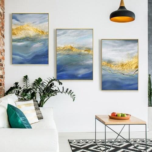 Golden Abstract Blue Sea Ripples Canvas Painting Nordic Wall Art Posters and Prints Pictures for Living Room Modern home Decor