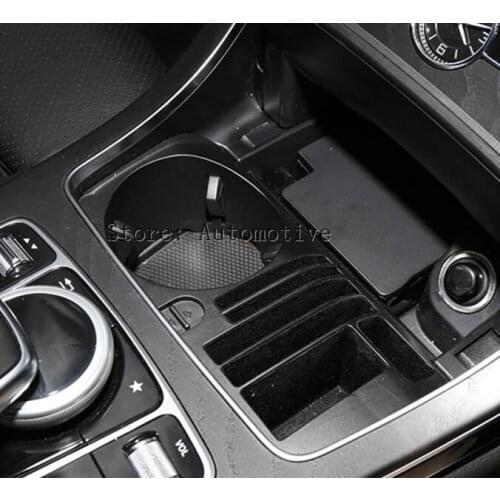 1* Black Plastic Interior Armrest Storage Box Water Holder For Benz C-Class W205 14-17/ E-Class W213 16-17/ GLC/ V-class 15-17